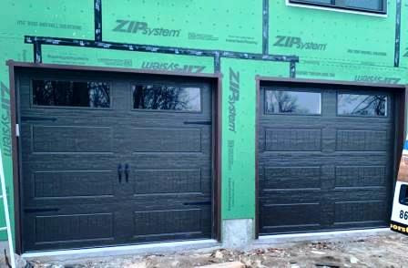 Clopay Bead board long panel garage door in mocha brown with long plain glass windows