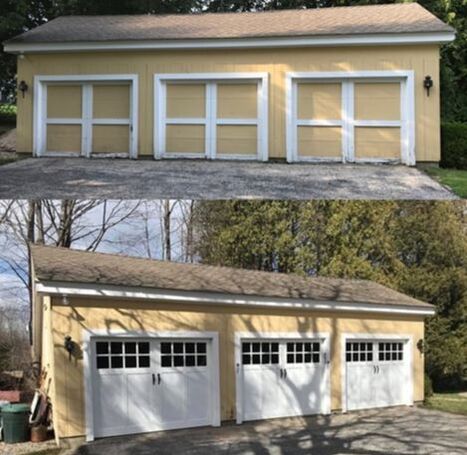 Fimbel American Legend Carriage house garage door with wide window section in white with straight windows